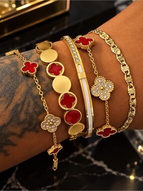 Gold and Red Clover Charm Bracelet Set - Women Jewelry